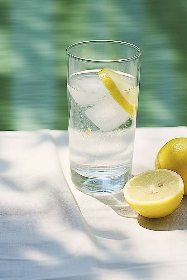 Vaso con agua y rodajas de limón sobre una mesa clara